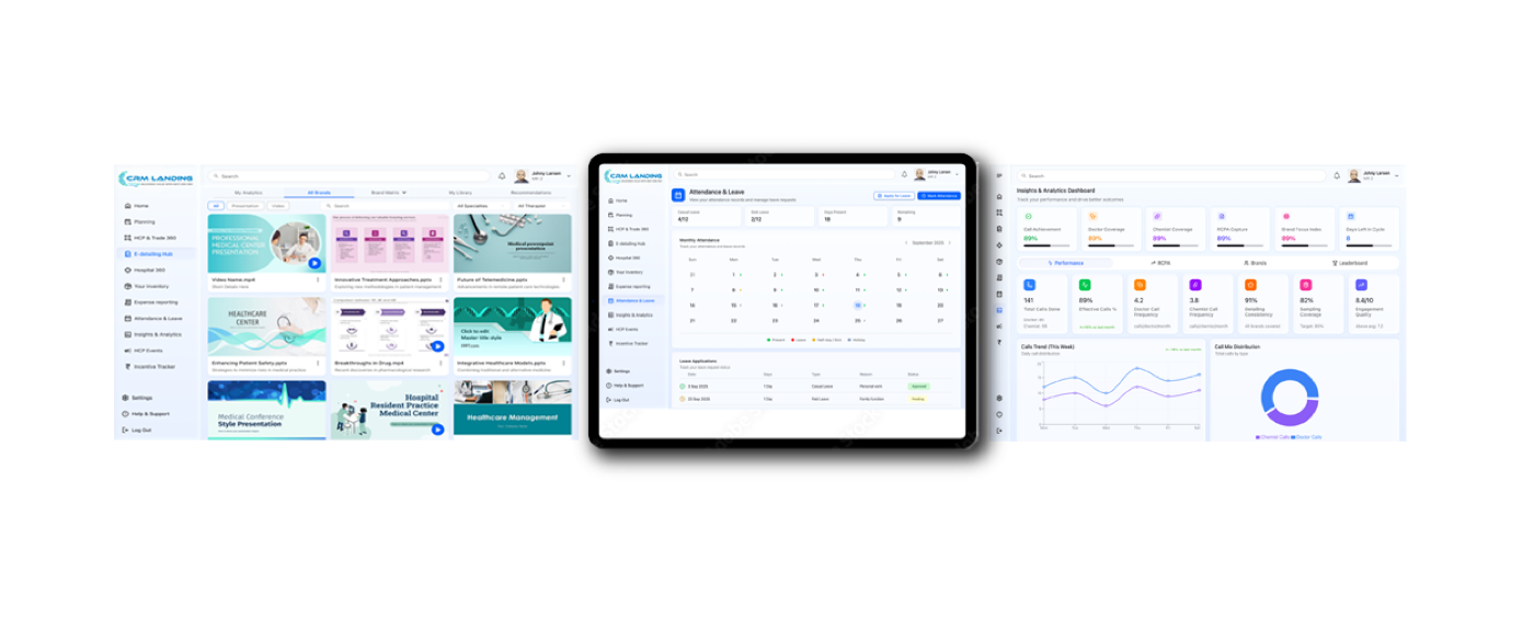 E-detailing library, attendance calendar and insights dashboard
